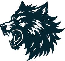 The head of a wolf is shown in black and white vector