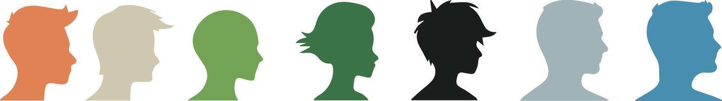 People head silhouettes set, human identity graphics, individual profile illustrations, collective figure designs vector