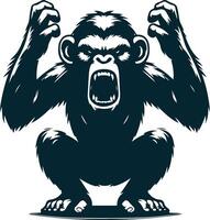 Angry chimpanzee silhouette, fierce primate design, wild chimp logo, aggressive chimp art, chimp head illustration, powerful ape symbol, dark chimp graphic, intense chimp image vector