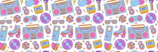 Seamless pattern colorful elements 80s 90s. Bubble gum, roller skates, joystick and cassette. background, print, wallpaper vector