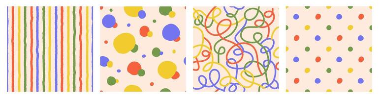 Colorful seamless pattern set of hand drawn curved checkered lines, strip and polka dots. Trendy design with abstract shapes, simple and playful doodle wallpaper print vector