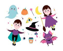 Halloween set witch, pumpkins, ghosts, monster. Characters and elements for halloween in cartoon style. vector