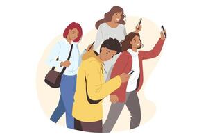 Mobile phones are in hands of walking people use gadgets on go and risk stumbling vector