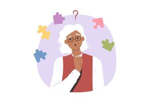 Dementia and memory impairment confuse elderly woman who needs pills to improve brain function vector