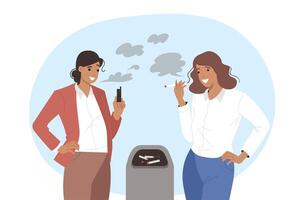 Smoking women use tobacco and nicotine cigarettes or vape device, standing near garbage can vector