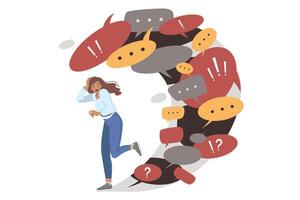 Information overload causes panic in woman fleeing wave of dialogue bubbles and conversation clouds vector