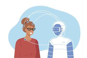 Robot and woman are connected by wires while transferring information from human to cyborg vector