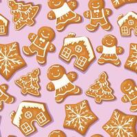 Winter seamless patterns with gingerbread cookies. Awesome holiday pink background. vector