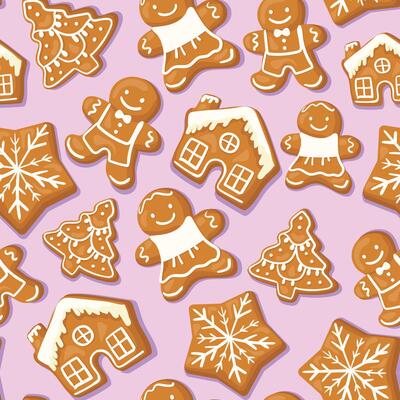 Winter seamless patterns with gingerbread cookies. Awesome holiday pink background.
