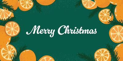 Background with christmas decor. Fir branches, orange rings and tangerines. Top view with copy space vector