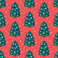 Christmas trees seamless pattern with stars on red background. For wrapping paper, cards and fabric vector