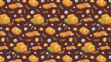 Seamless pattern of piece of orange soap with foam. illustration. vector