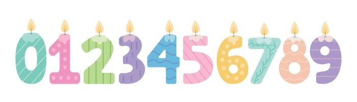 Set of burning number shaped candles for birthday party. collection of number shaped candles in flat style vector