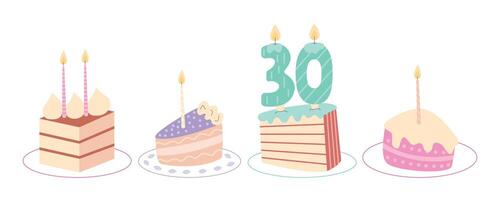 Birthday slices of cakes on plates set. Cakes with candles flat set vector