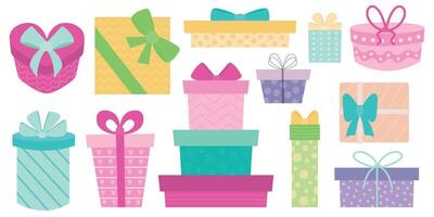 Set of birthday party gift boxes wit bow and colorful ornament. flat presents set vector