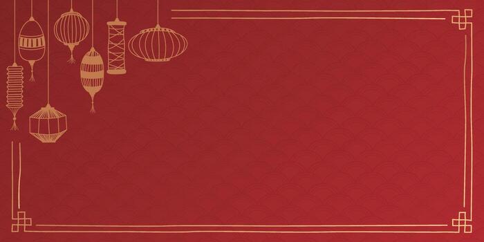 Chinese new year decoration frame with lantern hand drawn childish style on red horizontal background have blank space. vector