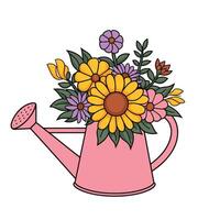 Pink watering can with colorful flowers illustration vector