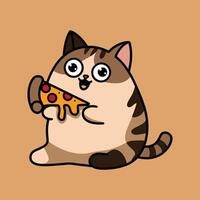 Chubby Cat Enjoying a Slice of Pepperoni Pizza in Cartoon Style vector