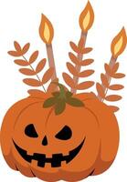 Halloween pumpkins, with lit torch, and leaves in harmonious tones, illustration for backgrounds, designers vector
