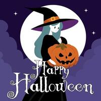witch illustration, in the moonlight, with the text, Happy Halloween, background, banner vector