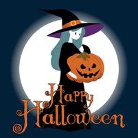 witch illustration, in the moonlight, with the text, Happy Halloween, background, banner vector