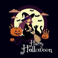 witch illustration, with pumpkin and black cat, in the moonlight, with the text, Happy Halloween, background, banner vector