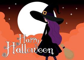 witch illustration, in the moonlight, with the text, Happy Halloween, background, banner, in orange tones vector