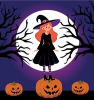 Red-haired witch, on top of a Halloween pumpkin and in a moonlit Halloween setting, in purple tones vector