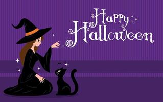 witch, with black cat, illustration, in the moonlight, with the text, Happy Halloween, background, banner vector
