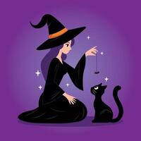 witch playing with black cat, illustration, on gradient background in purple tones vector