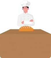 baker, chef, with hands crossed, with a counter with bread in front of him, illustration, for designers vector