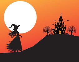 Halloween background, in orange tones, with witch silhouette, and halloween mansion with full moon, and bats vector