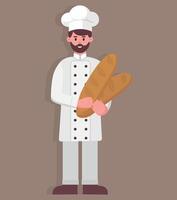 baker with chef hat and bread in hand vector