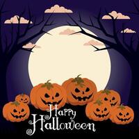 Halloween background, with pumpkins, trees, and in shades of purple, with text, Happy Halloween vector