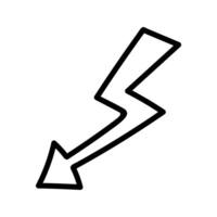 Angular arrow in lightning shape doodle in down direction. Hand drawn element vector
