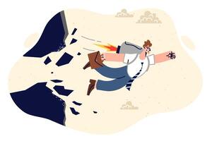 Ambitious business man flies forward, smashing rock with fist and using jetpack. vector