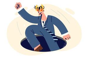 Business man jumps out of hole and demonstrates readiness for success after many failures vector