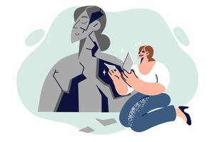 Process of restoring mental health in woman who assembles own portrait from broken pieces vector
