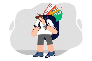Upset boy with books in backpack suffers from complex educational program in primary school vector
