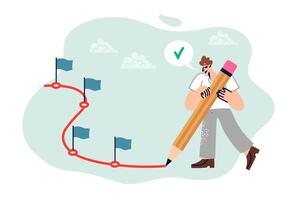 Man plans future by drawing route to move forward and setting small goals to achieve big goal vector