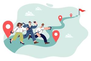 Running business people compete in speed of completing task, and compete towards flag at end of path vector