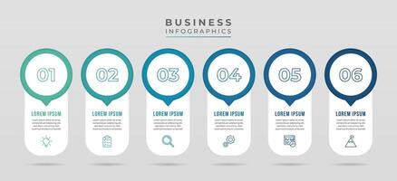 A clean and modern infographic featuring 6 numbered steps, six icons, and placeholders for text. Perfect for business presentations, project planning, or workflow diagrams. vector