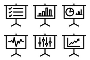 Set of six presentation icons with different data visualizations, including checklists, graphs, and charts. Perfect for business or analytics themes. Editable stroke. vector