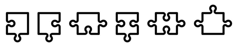 Line icons of six jigsaw puzzle pieces in various shapes, representing concepts of connection, teamwork, and problem-solving. Editable stroke. vector