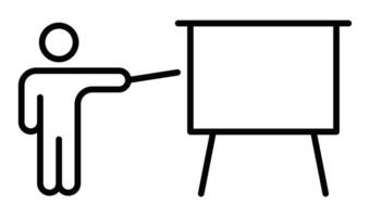 Person pointing at a presentation board icon, representing teaching, training, or presenting concepts in simple, minimalist design. Editable stroke. vector
