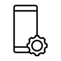 Line icon of a mobile phone with a gear symbol, representing settings or system configuration. Editable stroke. vector