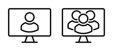 Line icons of a single person and group on a monitor, symbolizing calls, conferencing, and remote communication in modern work settings. Editable stroke. vector