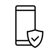 Simple line icon of a mobile phone with a shield and checkmark symbolizing mobile security or protection. Editable stroke. vector