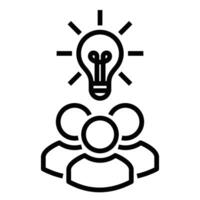 Simple line of three people under a lightbulb, symbolizing teamwork, brainstorming, collaboration, and idea generation. Editable stroke. vector