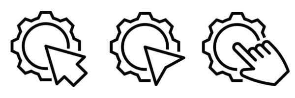 icons of a gear with various pointer and hand clicks, symbolizing settings, configuration, and user interaction. Editable stroke. vector